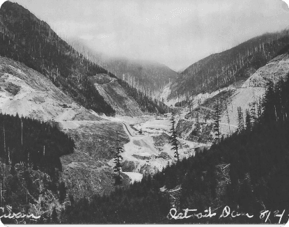 image of Bird’s Eye View of Detroit (Oregon) Dam Site West, August 1949.